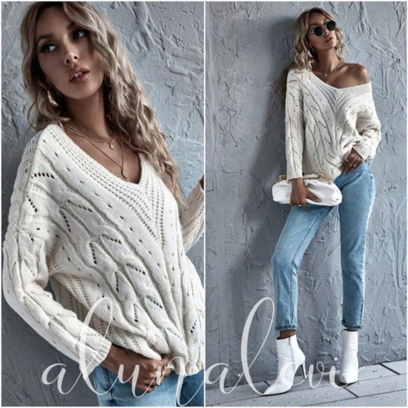 Cable-Knit V-Neck Sweater - Beige main image 1